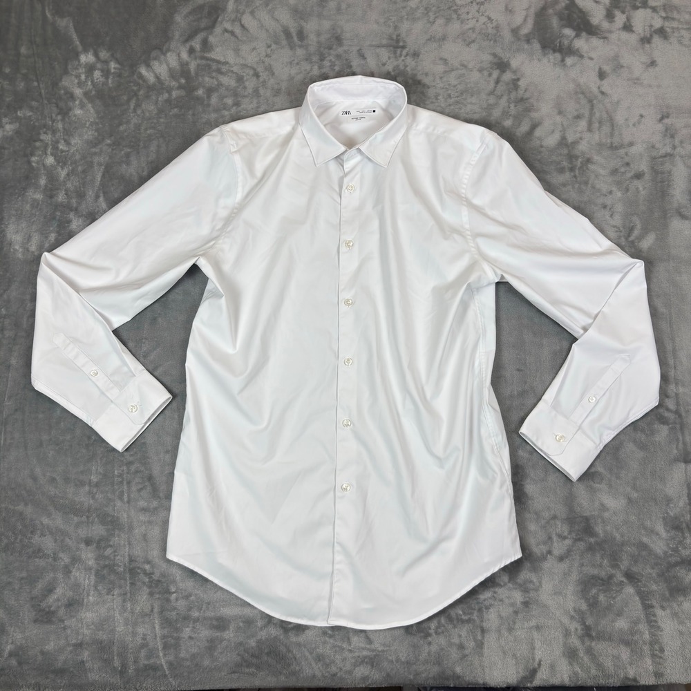 Zara Button Up Shirt Mens L White Active Fabric Slim Fit Long Sleeve Dress Shirt